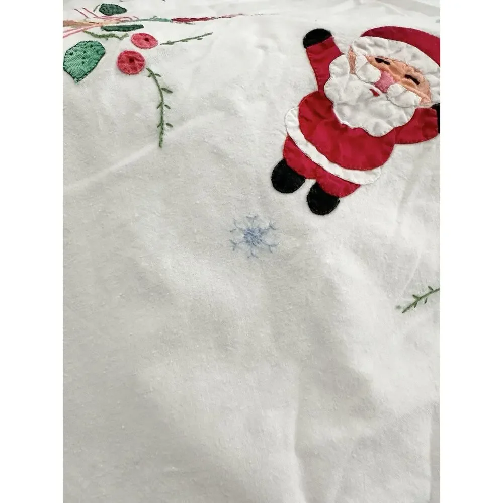 Vtg 50s White Hand Embroidered Christmas Appliqué Tablecloth Santa Rectangular